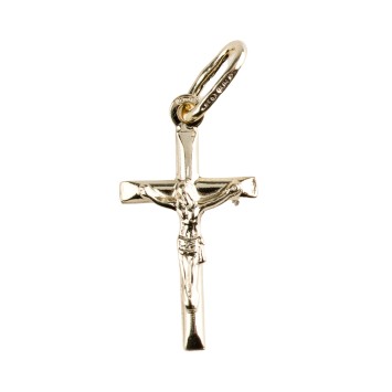 Croix de cou bâton en plaqué or avec Christ – H. 2 cm. Livrée en boîte..