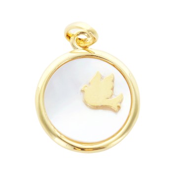 Médaille en plaqué or et nacre avec colombe – Ø 1,5 cm. Livrée en boîte..