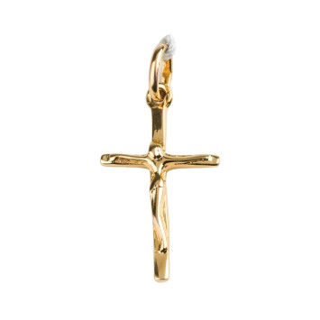 Croix de cou en plaqué or avec Christ – H. 2,5 cm. Livrée en boîte..
