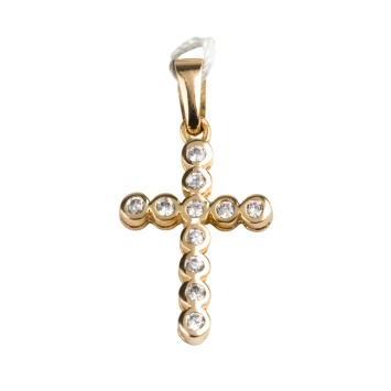 (12889) Croix de cou arrondie en plaqué or sertie de pierres OZ H. 2,4 cm. Livrée en boite.