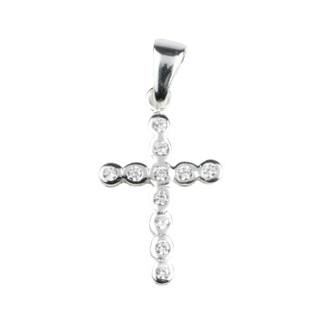 Croix de cou arrondie en argent 925 (1,50 g) sertie de pierres OZ – H. 2,4 cm. Livrée en boîte..