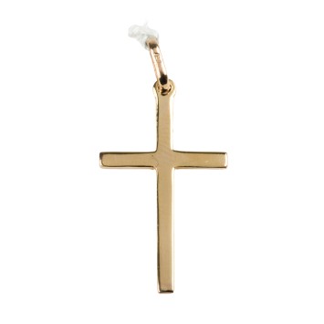 Croix de cou bâton plate en plaqué or – H. 2,8 cm. Livrée en boîte..