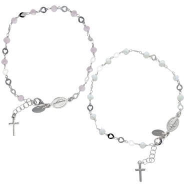 Bracelet argent 925 °/°° ajustable sur chaine, grains facettes Ø 3 mm (3 g), avec médaille VM & croix + boîte