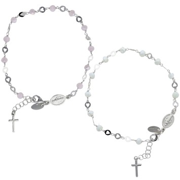Bracelet argent 925 °/°° ajustable sur chaine, grains facettes Ø 3 mm (3 g), avec médaille VM & croix + boîte