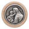 Plaque auto avec contour en bois, diametre 2,2 cm, et centre en metal. Disponible avec plusieurs saints au choix.