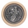 Plaque auto avec contour en bois, diametre 2,2 cm, et centre en metal. Disponible avec plusieurs saints au choix.