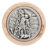 Plaque auto avec contour en bois, diametre 2,2 cm, et centre en metal. Disponible avec plusieurs saints au choix.