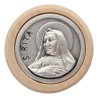 Plaque auto avec contour en bois, diametre 2,2 cm, et centre en metal. Disponible avec plusieurs saints au choix.