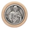 Plaque auto avec contour en bois, diametre 2,2 cm, et centre en metal. Disponible avec plusieurs saints au choix.