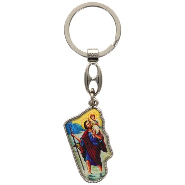 Porte-clés en métal avec face en résine représentant Saint Christophe – Hauteur 3,5 cm.