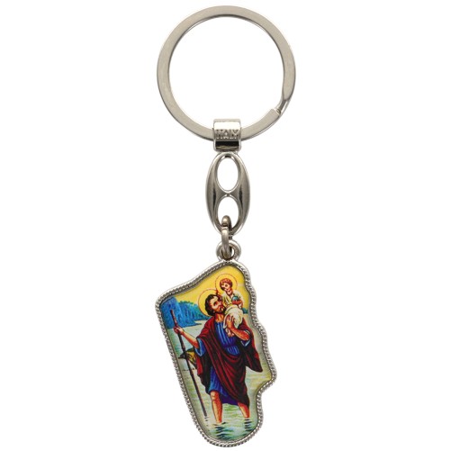 Porte-clés en métal avec face en résine représentant Saint Christophe – Hauteur 3,5 cm.