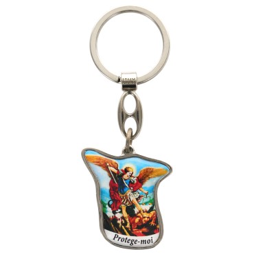 Porte-clés en métal avec face en résine représentant Saint Michel – Hauteur 3,5 cm.