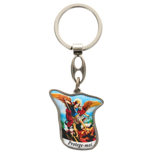 Porte-clés en métal avec face en résine représentant Saint Michel – Hauteur 3,5 cm.
