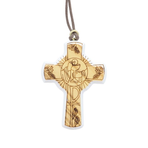 Croix de cou en bois d'olivier contour blanc, thème communion H. 5 cm avec cordon 70 cm..