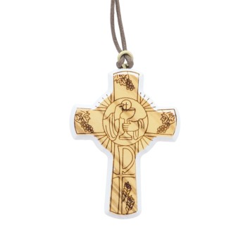 Croix de cou en bois d'olivier contour blanc, thème communion H. 5 cm avec cordon 70 cm..