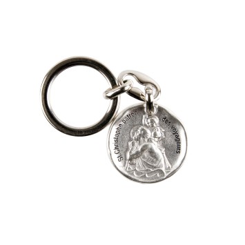 Porte-clés de saint Christophe Ø 3 cm en métal couleur argentée..