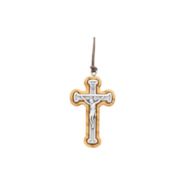 Croix de cou en bois d'olivier avec Christ métal incruste H. 5,3 cm et cordon cuir 70 cm..