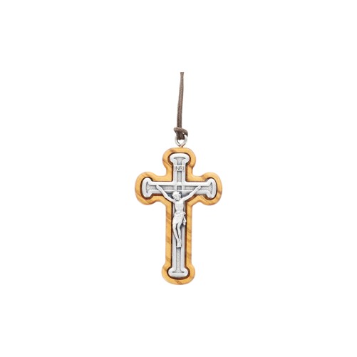 Croix de cou en bois d'olivier avec Christ métal incruste H. 5,3 cm et cordon cuir 70 cm..