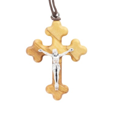 Croix orthodoxe de cou en bois d'olivier avec Christ métal H. 5 cm et cordon cuir 70 cm..