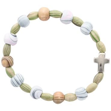 Bracelet dizainier sur élastique grains bois couleurs striés Ø 10 mm, avec croix..