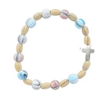 Bracelet dizainier sur élastique grains bois couleurs striés Ø 10 mm, avec croix..
