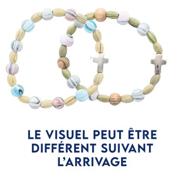 Bracelet dizainier sur élastique grains bois couleurs striés Ø 10 mm, avec croix..