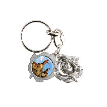 Porte-clés métal couleur argentée motif rose Ø 2,5 cm double face a personnaliser avec 2 resines.