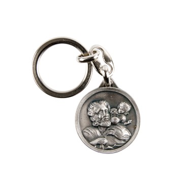 Porte-clés de saint Christophe en buste Ø 3 cm en métal couleur argentée..