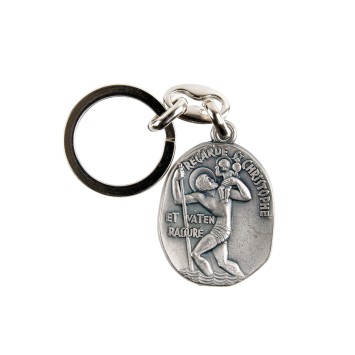 Porte-clés H. 3,8 cm en métal couleur argentée de saint Christophe stylisé Regarde la route..