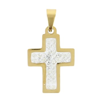 Croix de cou couleur dorée avec pierres OZ sertie en acier inoxydable H. 2,4 cm..