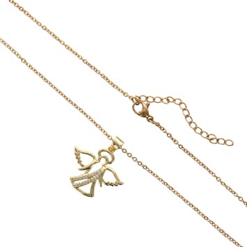 Collier avec chaine L.45 cm réglable jusqu'à 50cm avec ange strass H.2 cm en acier inoxydable dorée, livrée en pochette.