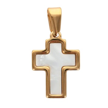Croix de cou en coquille d eau douce dorée en acier inoxydable H. 1.5 cm..