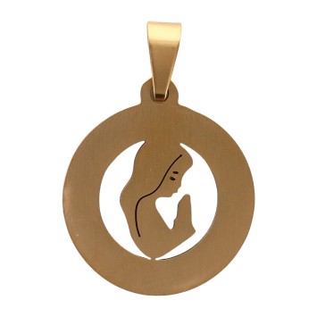 Médaille de la vierge en prière en coquille d eau douce et acier inoxydable doré, Ø 2 cm..
