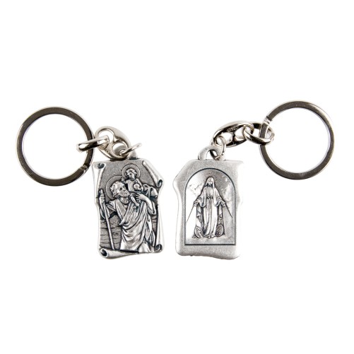 Porte-clés parchemin H. 3,2 cm double face saint Christophe / Vierge Miraculeuse..