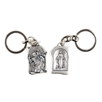 Porte-clés parchemin H. 3,2 cm double face saint Christophe / Vierge Miraculeuse..