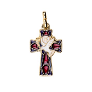 Croix de cou en métal doré, émaillée rouge et bleu, avec colombe – Revers : PAX – Hauteur 3,5 cm.