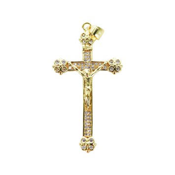 Croix de cou dorée supérieur style orthodoxe avec Christ et pierres OZ H. 3,5 cm..