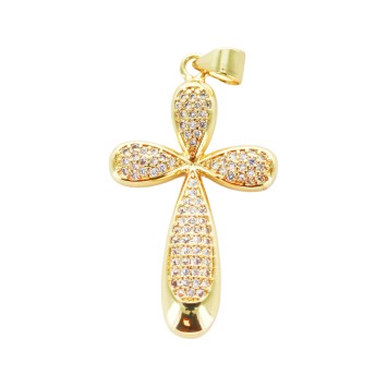 Croix de cou dorée supérieur forme trèfle avec pierres OZ H. 3,1 cm..