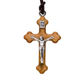 Croix de cou orthodoxe en bois d'olivier avec Christ métal H. 4 cm avec cordon cuir 70 cm..