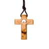 Croix de cou en bois d'olivier avec Christ sculpté évidé H. 3 cm et cordon cuir 70 cm..