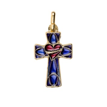 Croix de cou en métal couleur dorée émaillé du cœur de Jésus, revers PAX H. 3,5 cm..