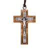 Croix de cou épaisse en bois d'olivier avec Christ métal incrusté H. 4 cm et cordon cuir 70 cm..
