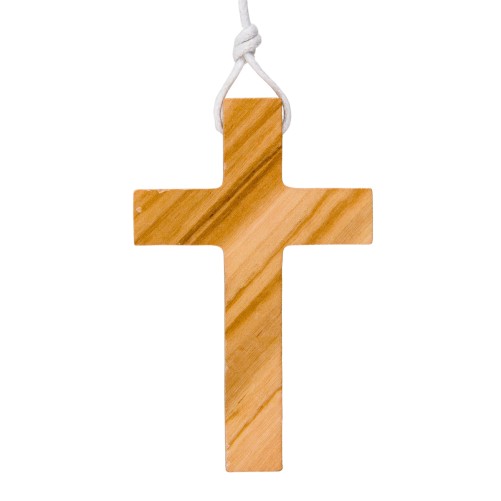 Croix d'aube en bois d'olivier 7.8 cm avec cordon blanc 65 cm.