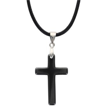 Pendentif croix en hématite sur cordon noir réglable avec fermoir H- 3-5 cm-