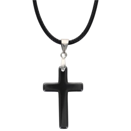 Pendentif croix en hématite sur cordon noir réglable avec fermoir H- 3-5 cm-