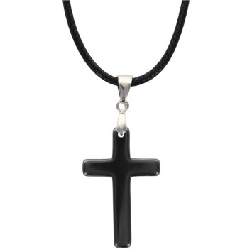 Pendentif croix en hématite sur cordon noir réglable avec fermoir H- 3-5 cm-