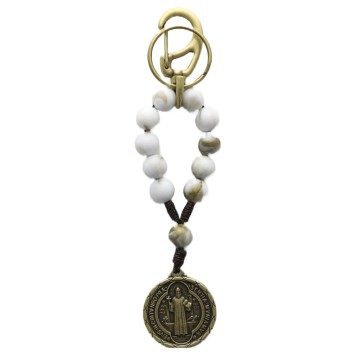 Porte-clés dizainier avec médaille Saint Benoît, grains blancs effet marbre Ø 10 mm, L 12 cm