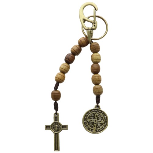 Porte-clés dizainier avec médaille saint Benoit et croix Christ, grains striés bois ø 9mm, 14 cm.