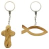 Porte-clés poisson et croix, assortis, fait main en bois d'olivier de terre sainte, LOT DE 2.