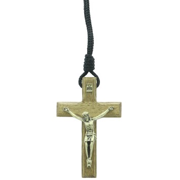 Croix de cou en bois avec Christ métal couleur bronze H. 7 cm avec cordon..